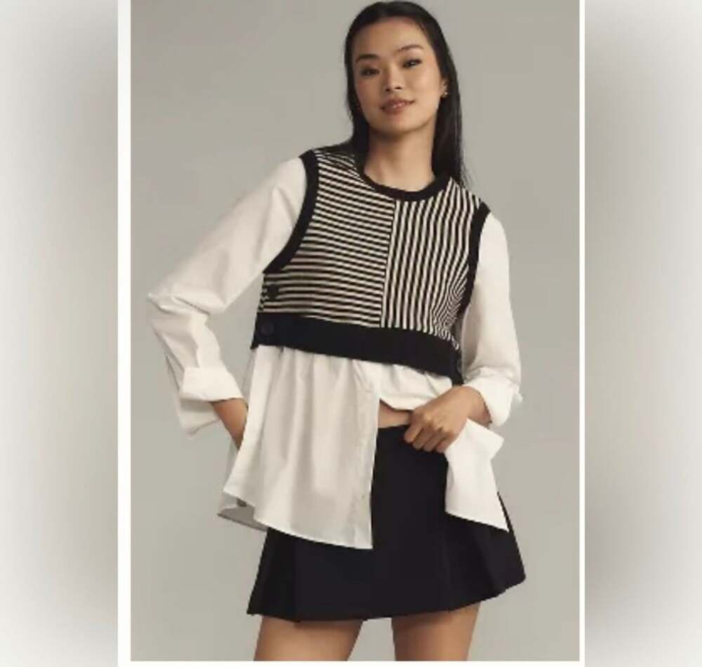 NWT Maeve Long-Sleeve Linen Twofer Sweater Vest Top Size Small